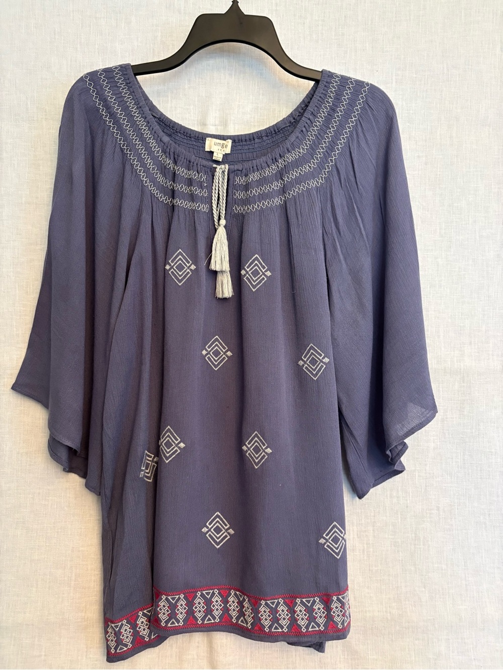 Grey Blue  Embroidered Peasant Top with Tassel Tie